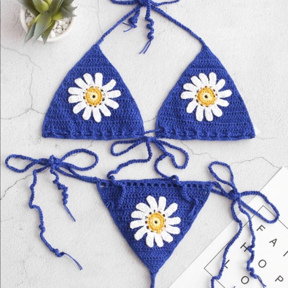 zaful halter flora crochet string bikini swimsuit